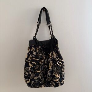 Lucky Penny by Anthropologie Black Cream Canvas Leather Trim Hobo Shoulder Bag